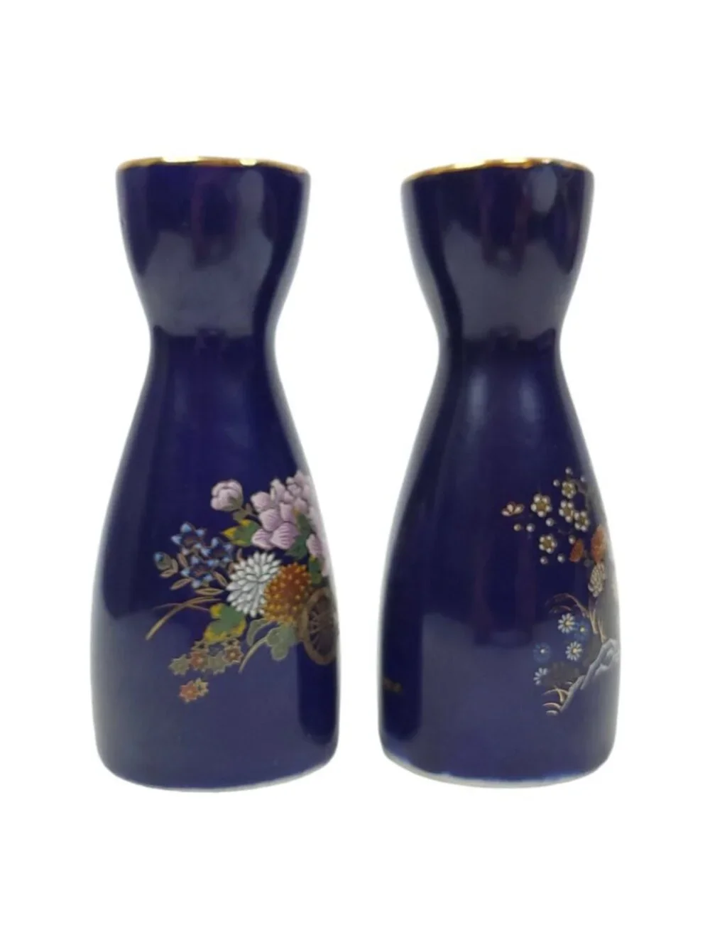 Japanese Kutani Style Cobalt Blue Ceramic Sake Carafe Set Flower Vintage Japan